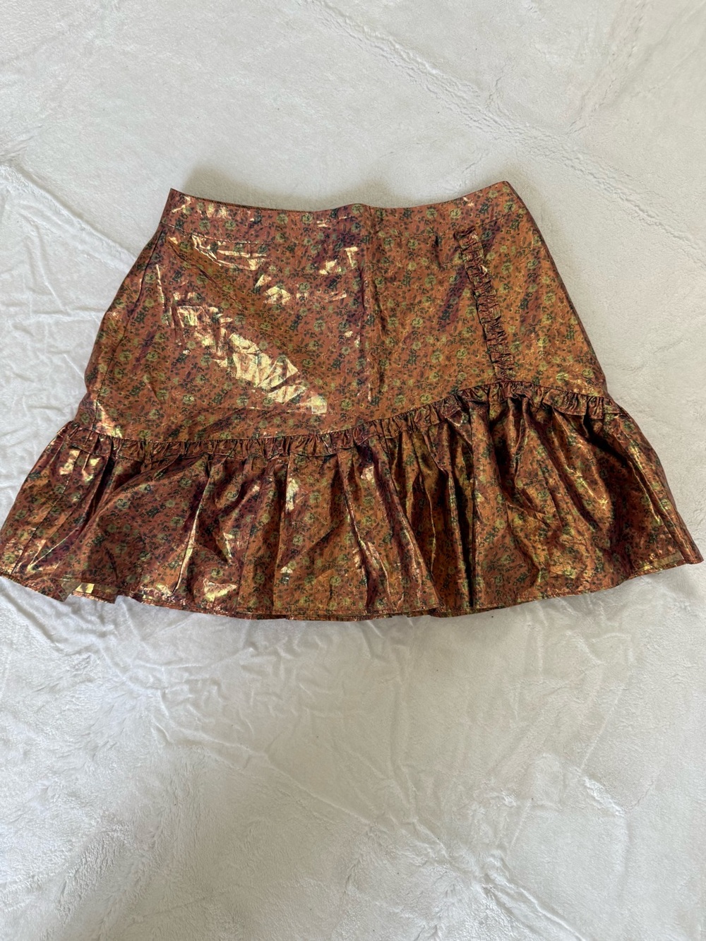 LoveShackFancy size 4 Metallic Floral Ruffle Mini Skirt Brown/Pink/Copper/Gold